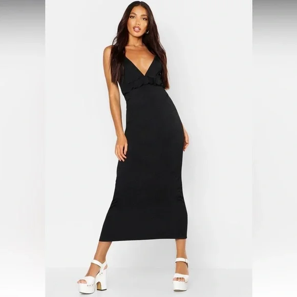 BOOHOO Black Spaghetti Strap Maxi Dress With Ruffle Detailing Size: 14 - Picture 3 of 9